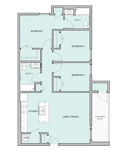 A floor plan with three bedrooms, a kitchen, a living/dining area, and a patio.